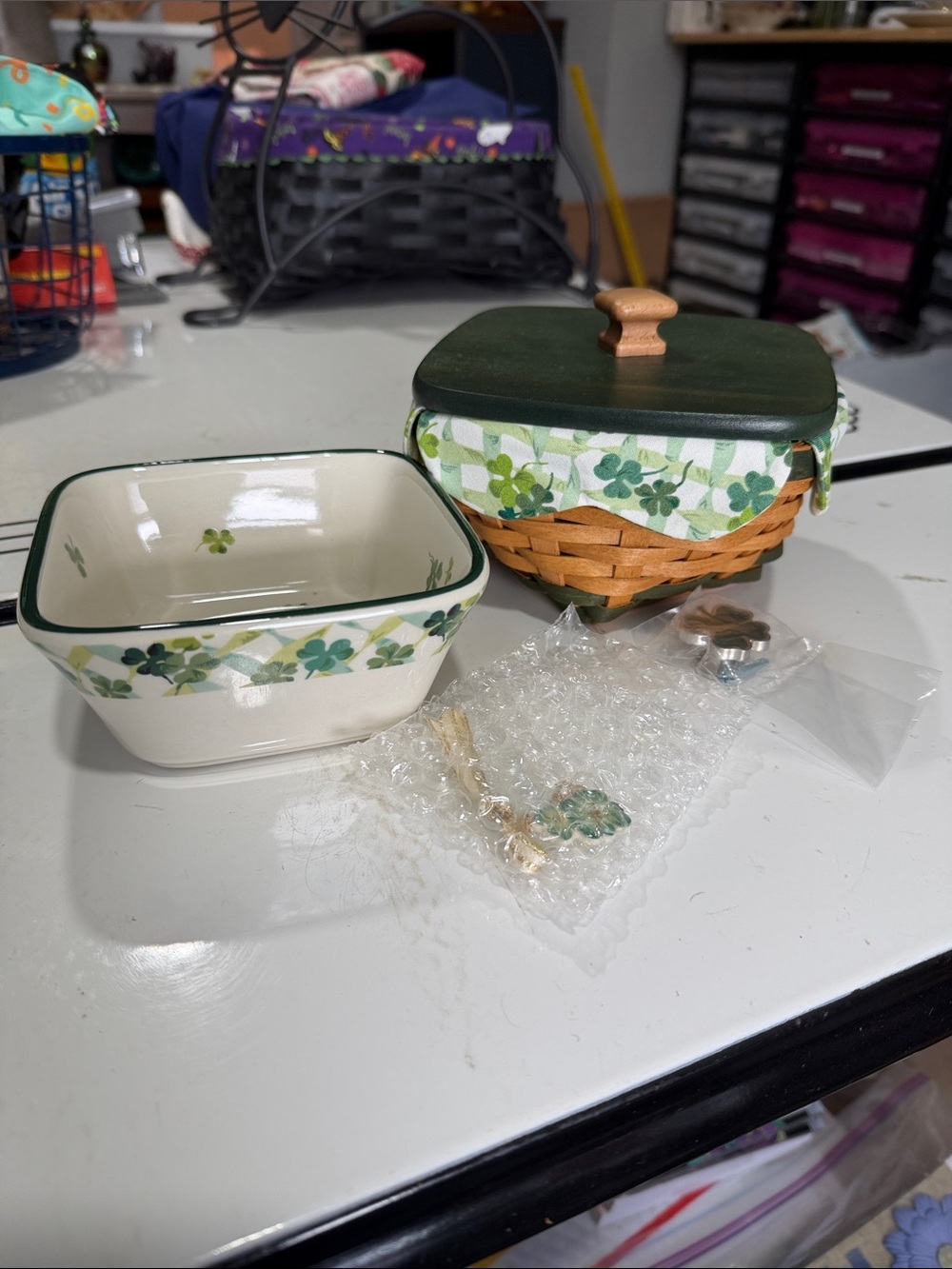 Longaberger 2006 Lucky Twist Basket Set with Ceramic Shamrock Dish